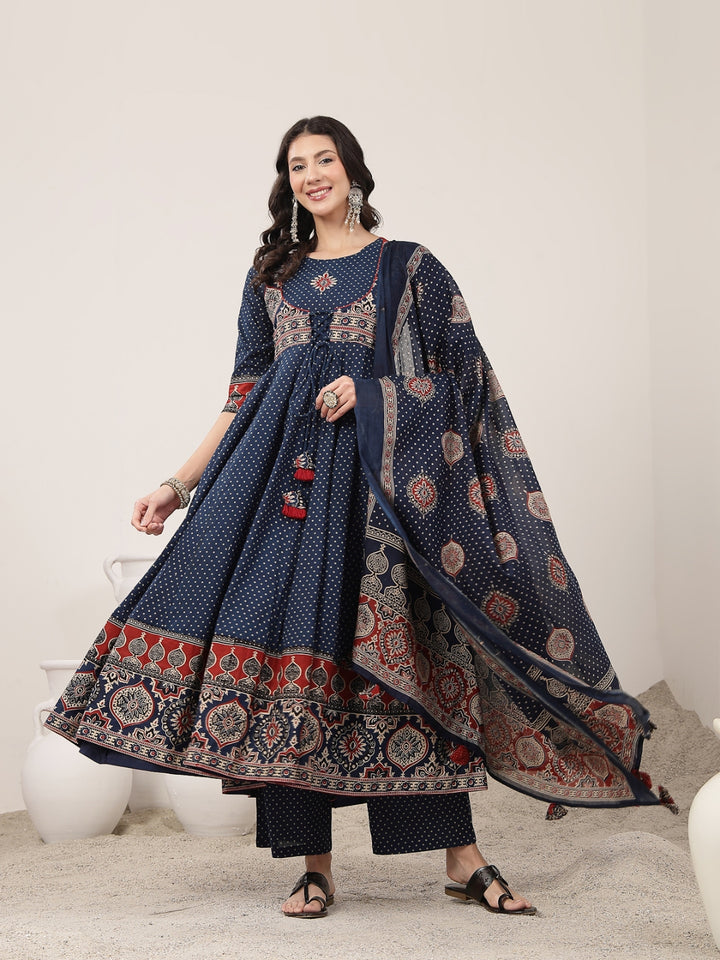 Flared Cotton Printed Kurta Set With Dupatta