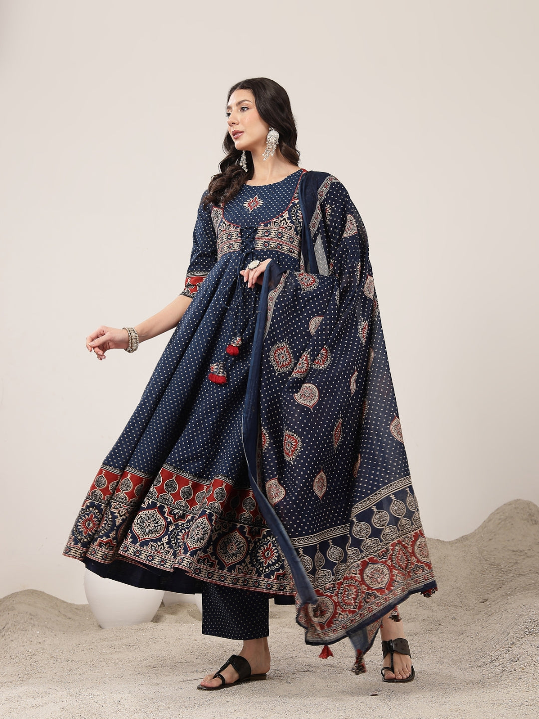 Flared Cotton Printed Kurta Set With Dupatta