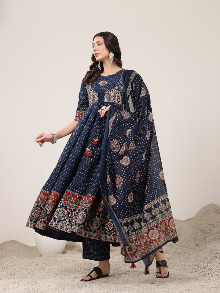 Flared Cotton Printed Kurta Set With Dupatta
