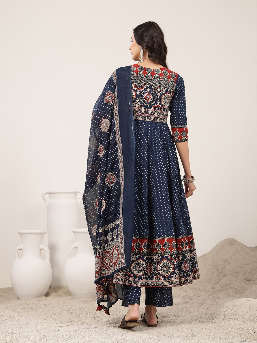 Flared Cotton Printed Kurta Set With Dupatta