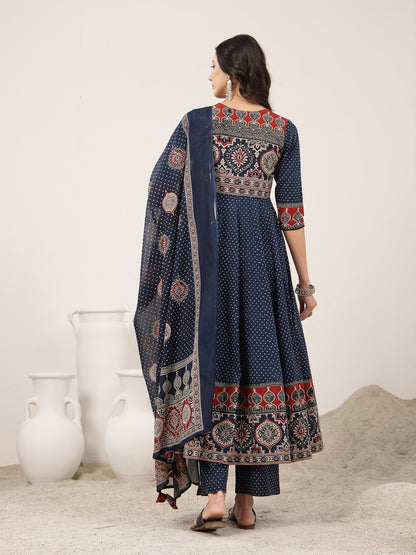 Flared Cotton Printed Kurta Set With Dupatta