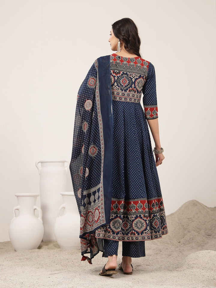 Flared Cotton Printed Kurta Set With Dupatta