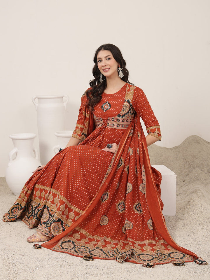 Flared Cotton Printed Kurta Set With Dupatta