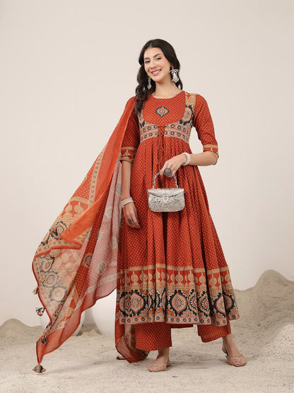 Flared Cotton Printed Kurta Set With Dupatta