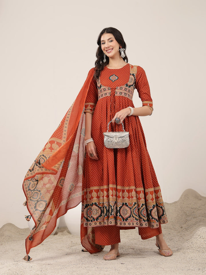 Flared Cotton Printed Kurta Set With Dupatta