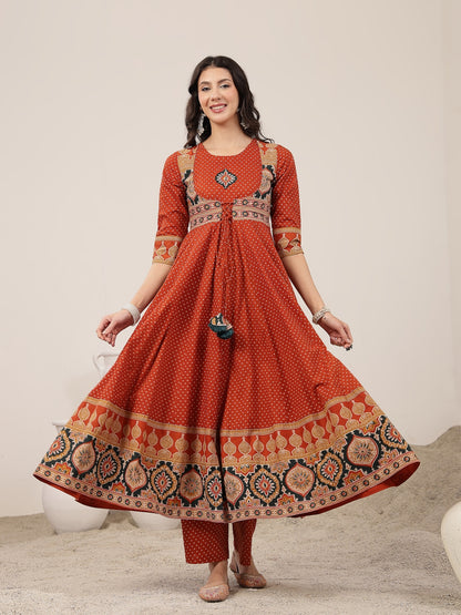 Flared Cotton Printed Kurta Set With Dupatta