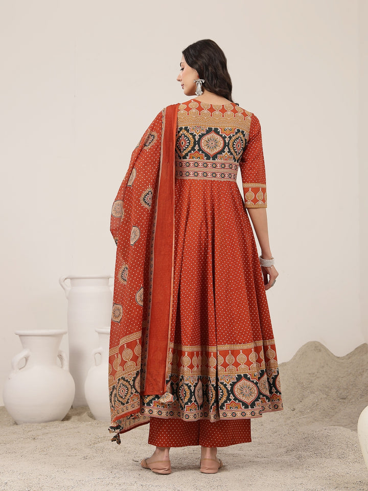 Flared Cotton Printed Kurta Set With Dupatta