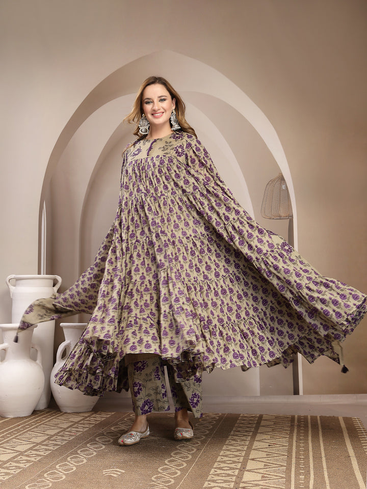 Anarkali Malmal Printed Kurta Set With Dupatta