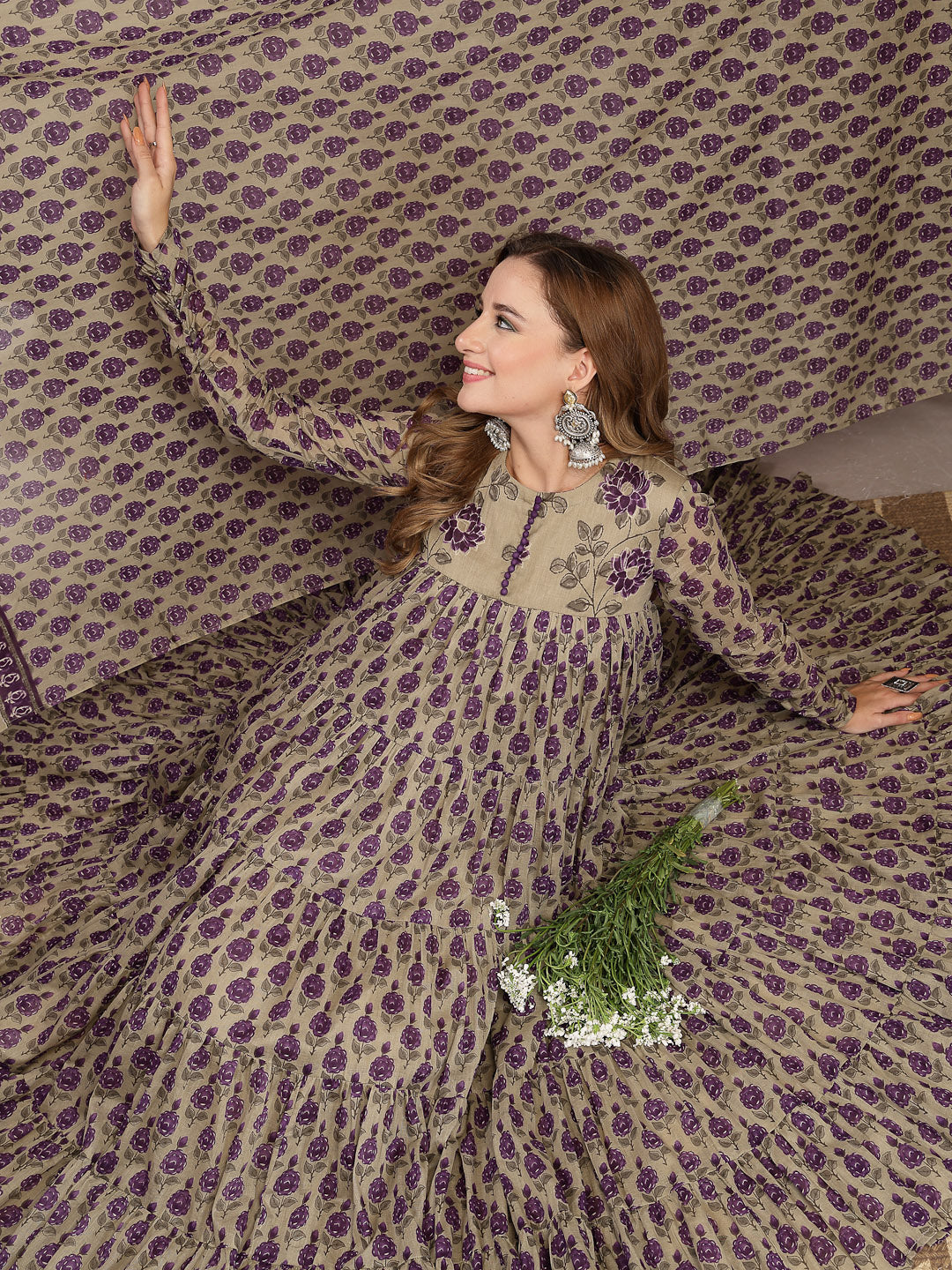 Anarkali Malmal Printed Kurta Set With Dupatta