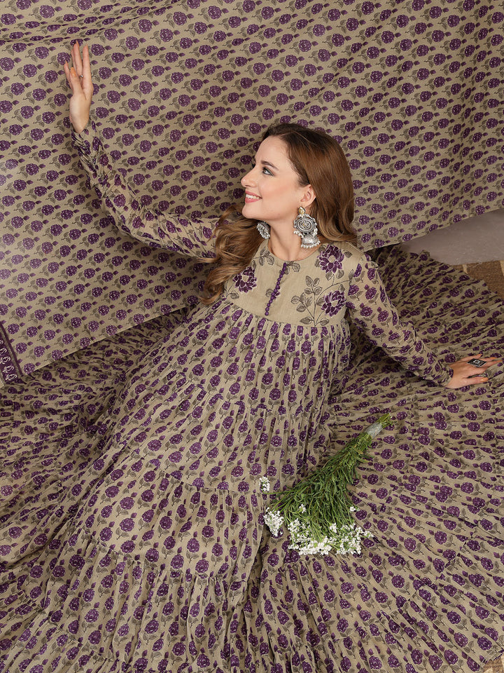 Anarkali Malmal Printed Kurta Set With Dupatta