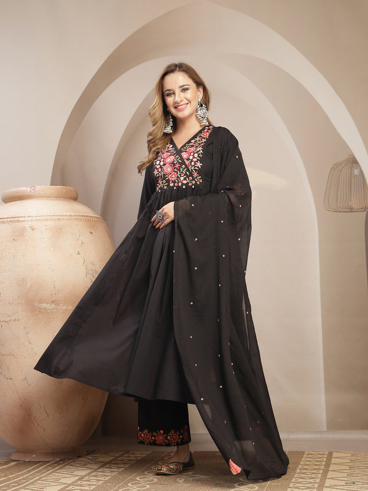 Flared Cotton Solid Kurta Set With Dupatta