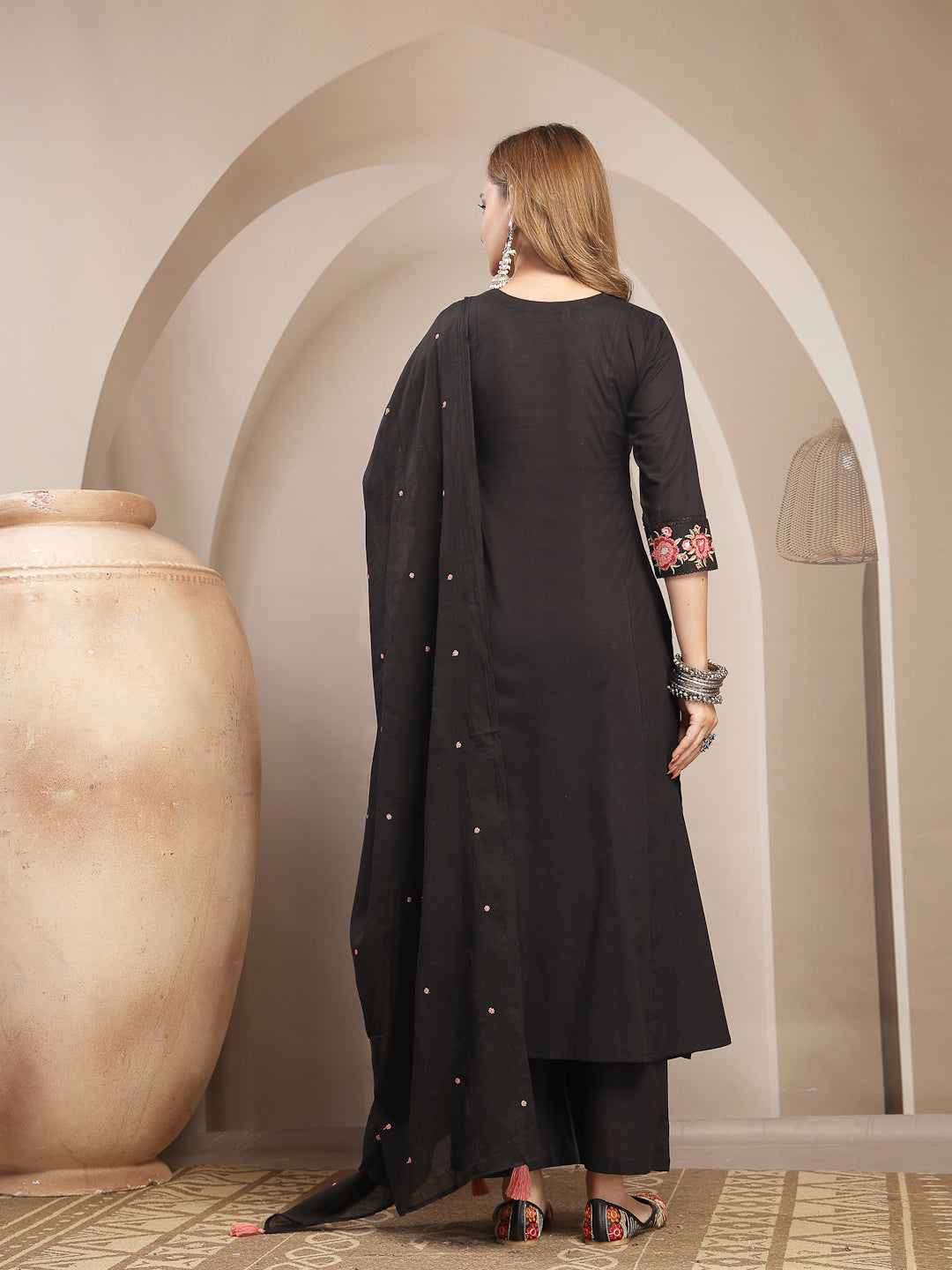 Flared Cotton Solid Kurta Set With Dupatta