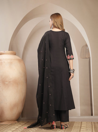 Flared Cotton Solid Kurta Set With Dupatta