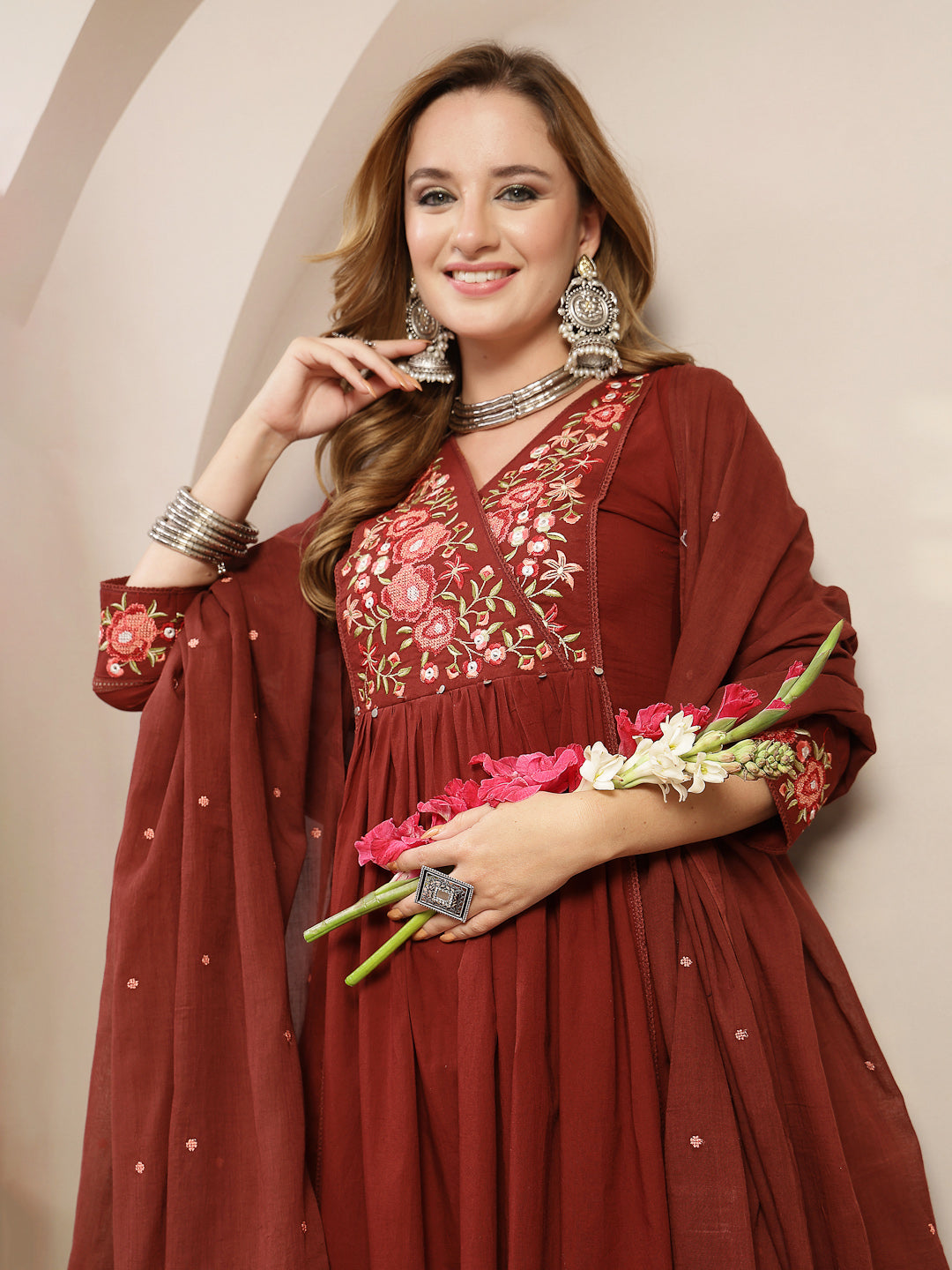 Flared Cotton Solid Kurta Set With Dupatta