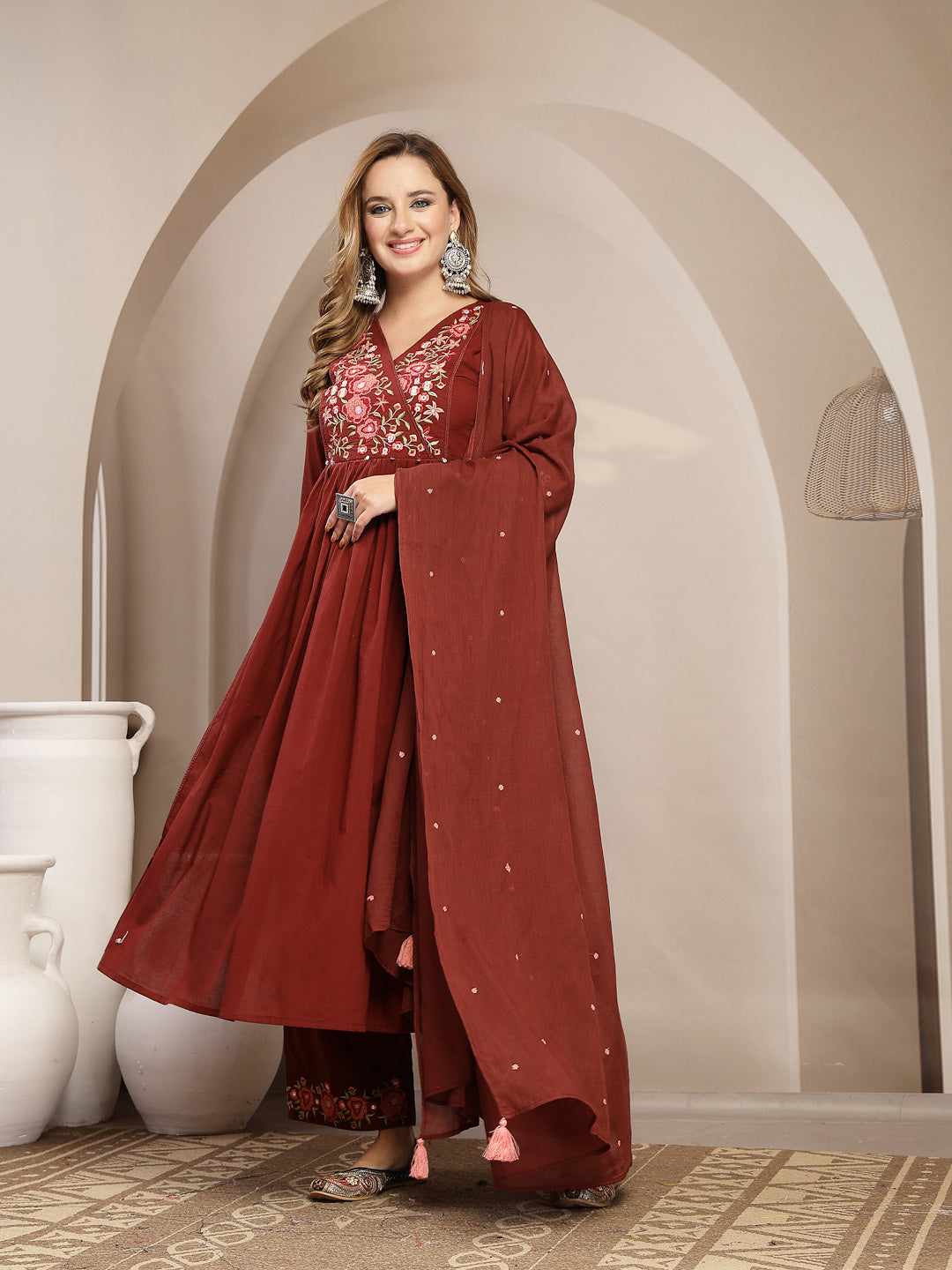 Flared Cotton Solid Kurta Set With Dupatta