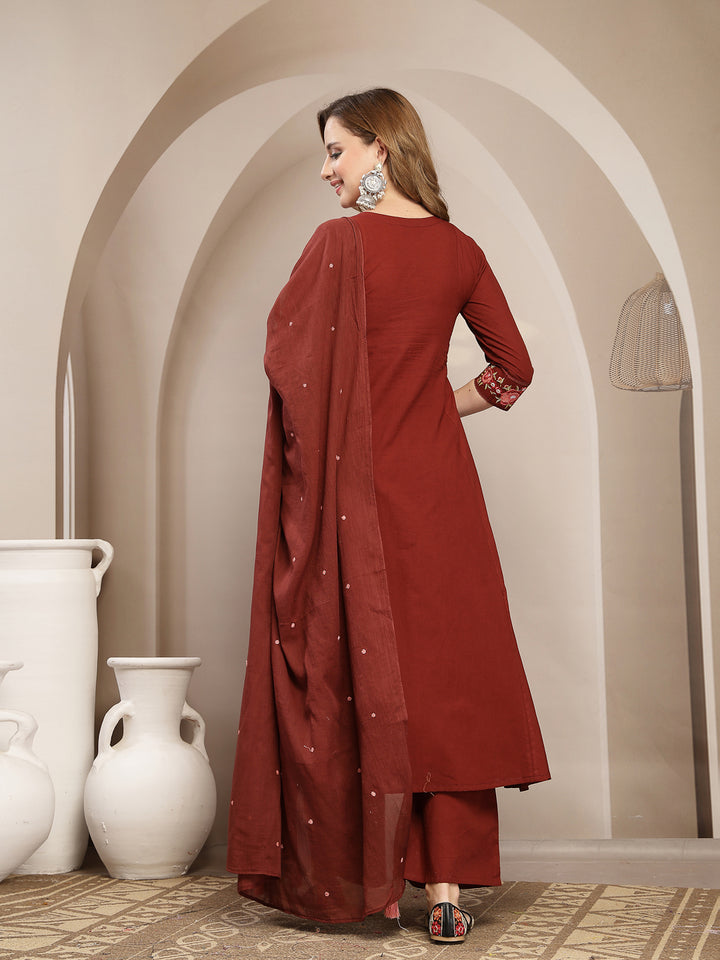 Flared Cotton Solid Kurta Set With Dupatta