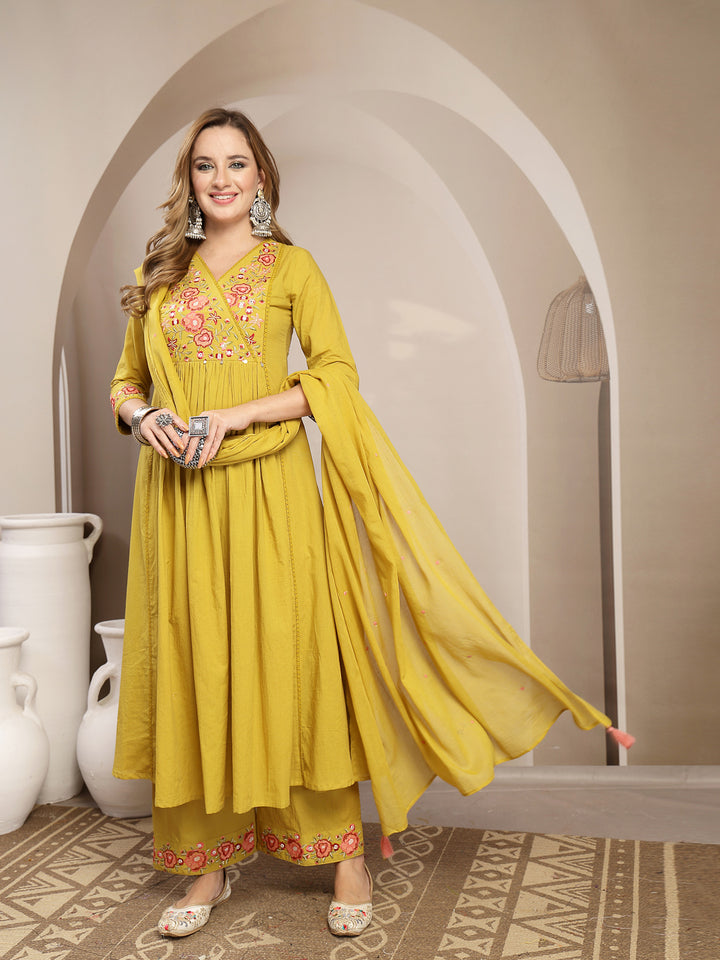 Flared Cotton Solid Kurta Set With Dupatta