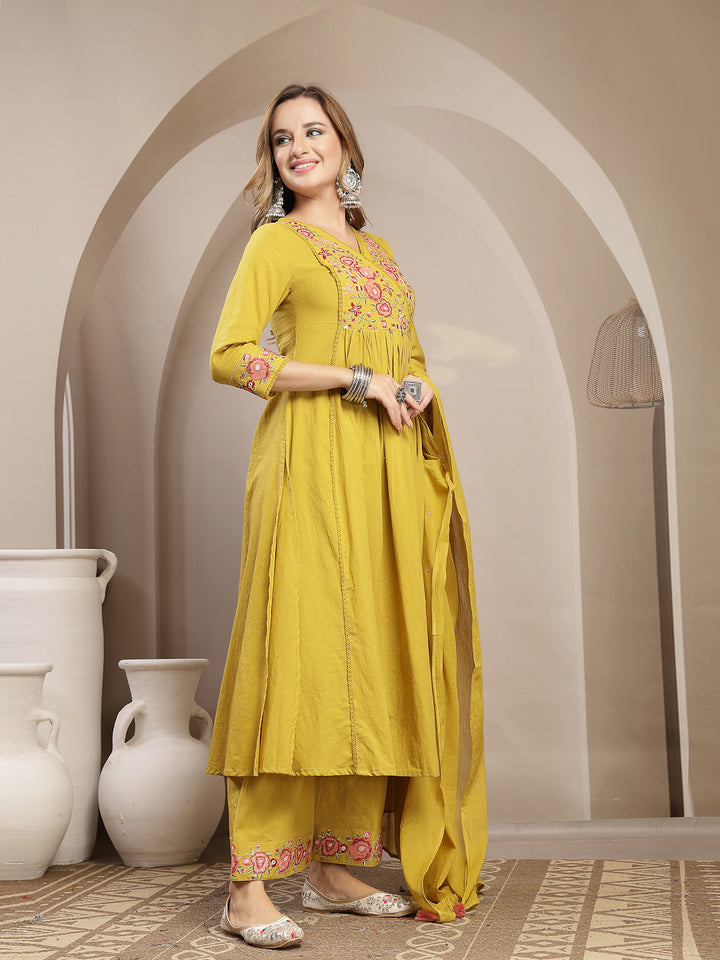 Flared Cotton Solid Kurta Set With Dupatta