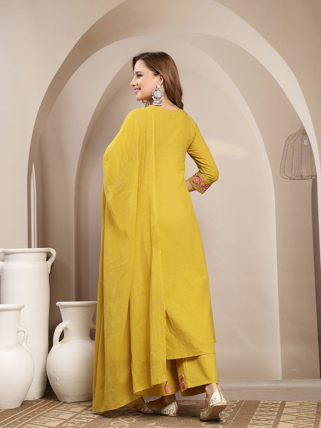 Flared Cotton Solid Kurta Set With Dupatta