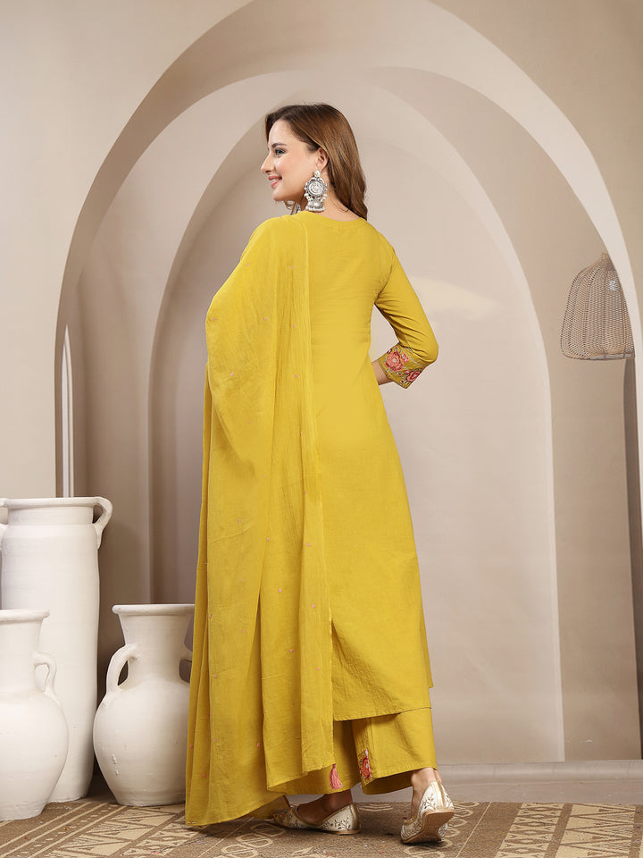 Flared Cotton Solid Kurta Set With Dupatta