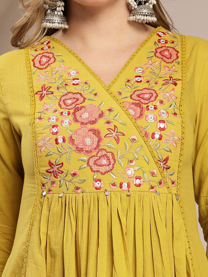 Flared Cotton Solid Kurta Set With Dupatta