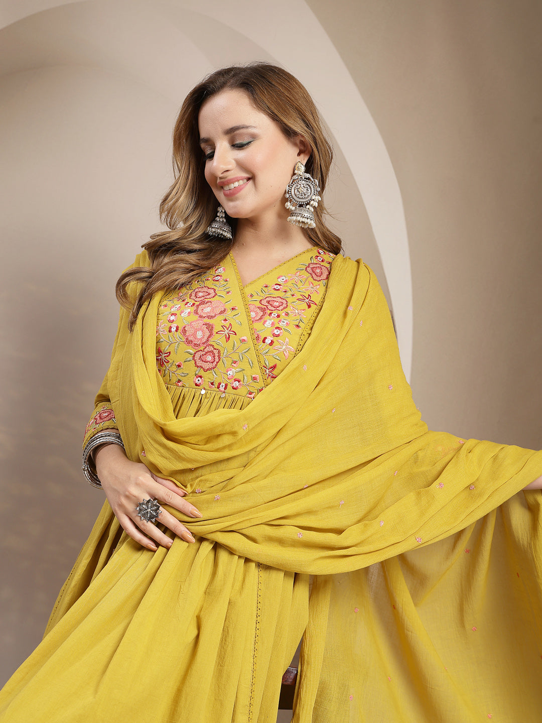 Flared Cotton Solid Kurta Set With Dupatta