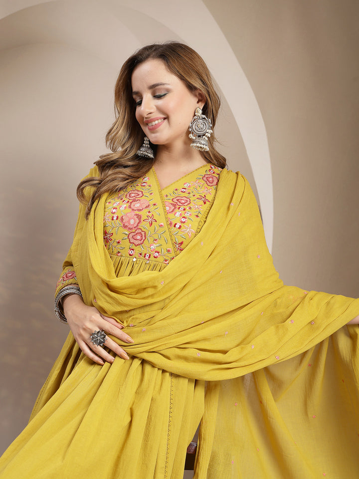 Flared Cotton Solid Kurta Set With Dupatta