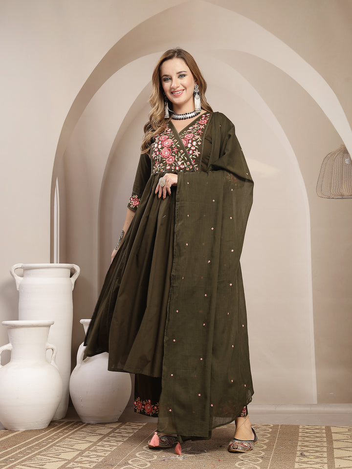 Flared Cotton Solid Kurta Set With Dupatta