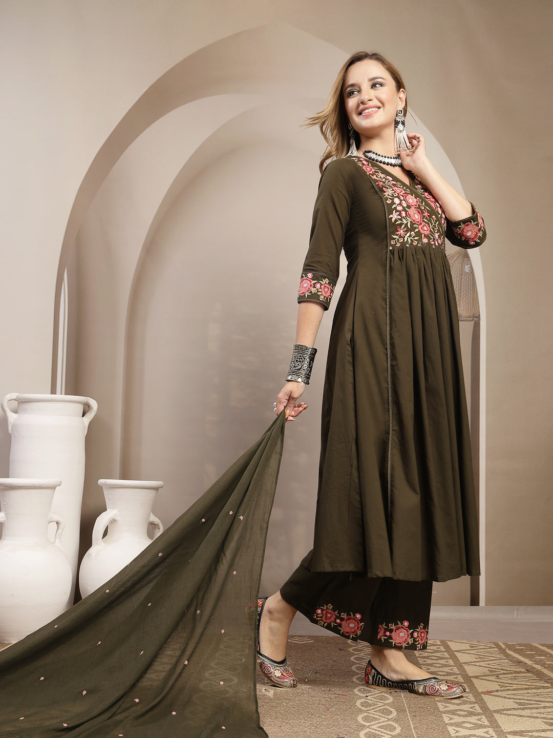 Flared Cotton Solid Kurta Set With Dupatta