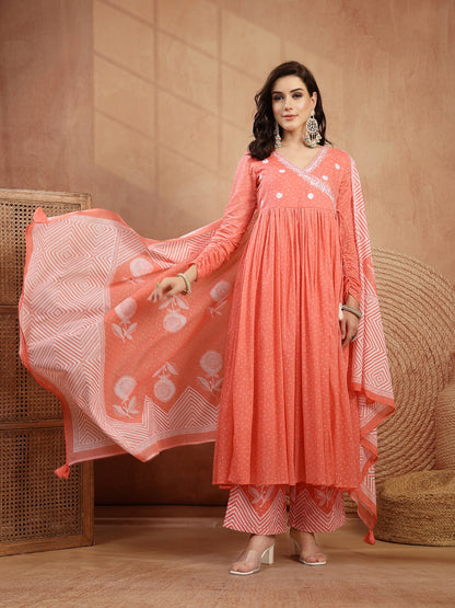 Cotton Calf Length Printed 3/4 Sleeve V-Neck Flared Kurta Suit Set