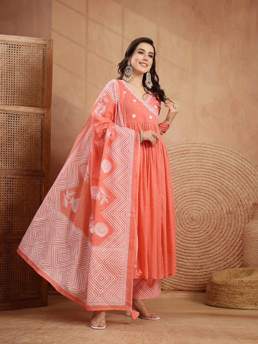 Cotton Calf Length Printed 3/4 Sleeve V-Neck Flared Kurta Suit Set