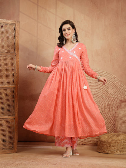 Cotton Calf Length Printed 3/4 Sleeve V-Neck Flared Kurta Suit Set