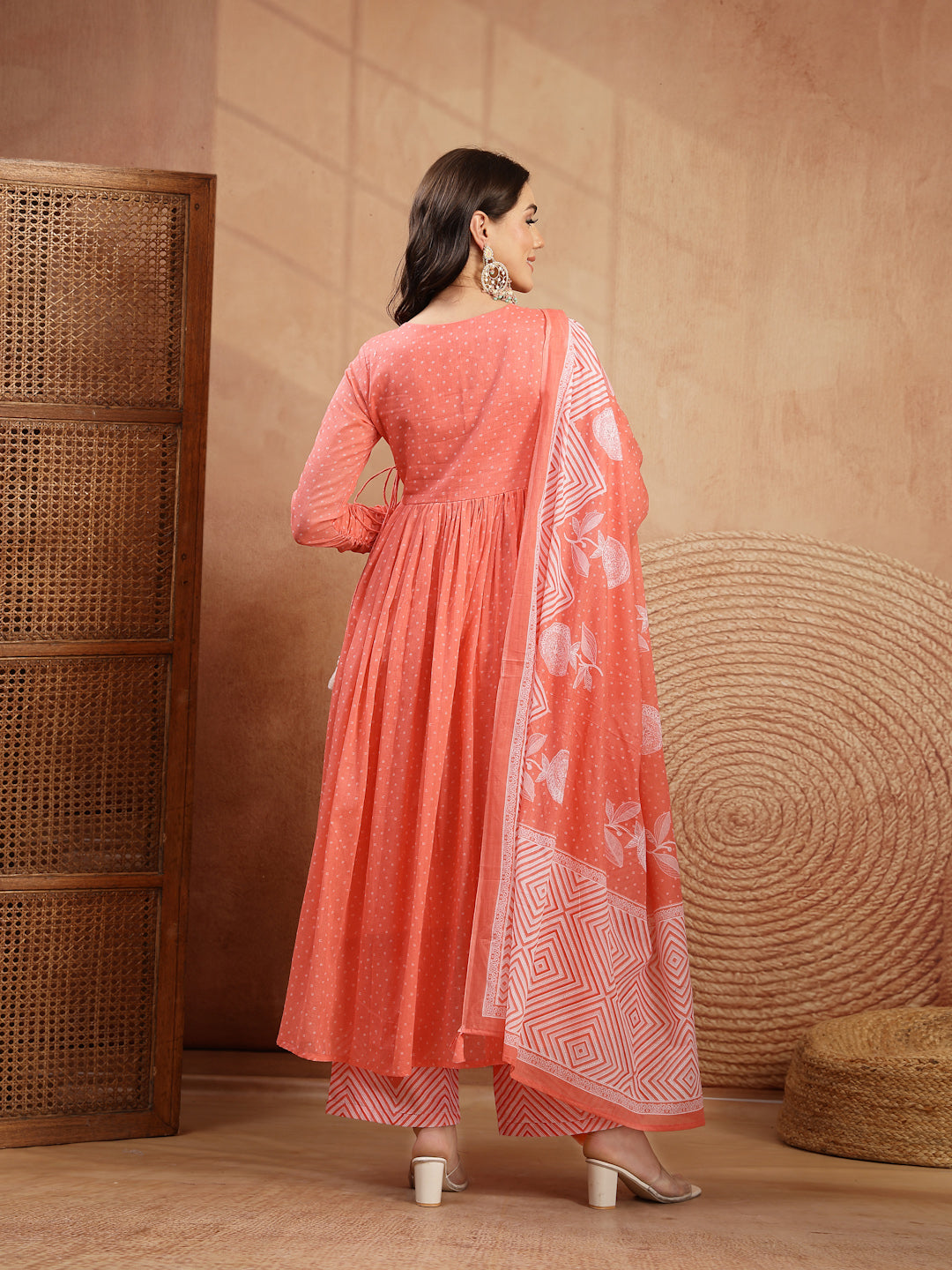 Cotton Calf Length Printed 3/4 Sleeve V-Neck Flared Kurta Suit Set