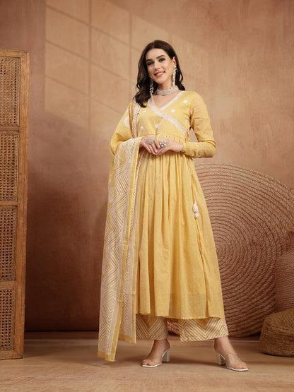 Cotton Calf Length Printed 3/4 Sleeve V-Neck Flared Kurta Suit Set