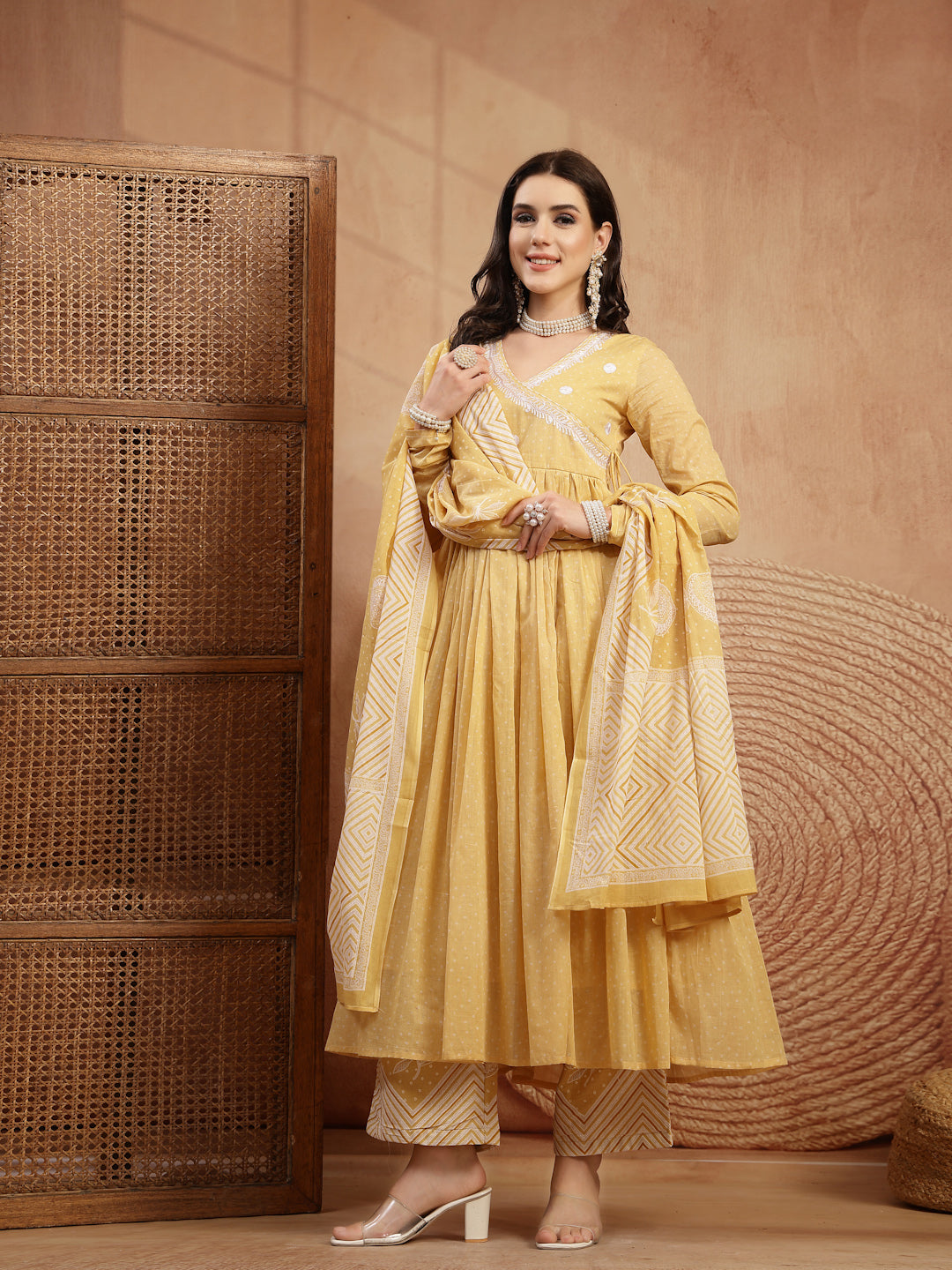 Cotton Calf Length Printed 3/4 Sleeve V-Neck Flared Kurta Suit Set