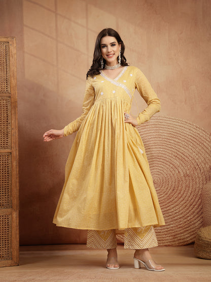 Cotton Calf Length Printed 3/4 Sleeve V-Neck Flared Kurta Suit Set