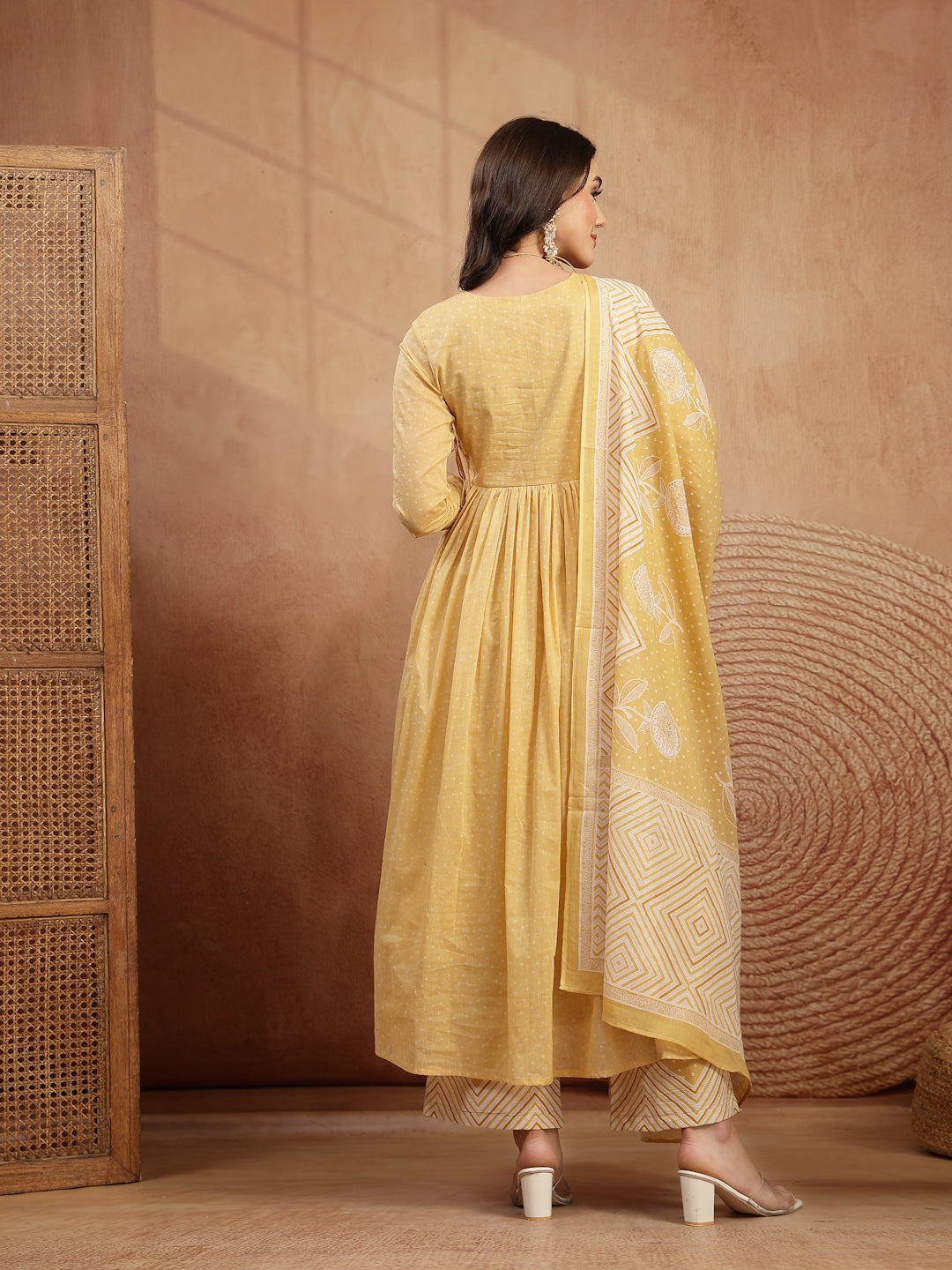 Cotton Calf Length Printed 3/4 Sleeve V-Neck Flared Kurta Suit Set
