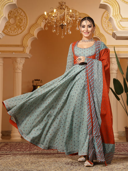 Cotton Printed Anarkali Kurta Set With Dupatta