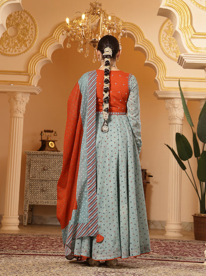 Cotton Printed Anarkali Kurta Set With Dupatta