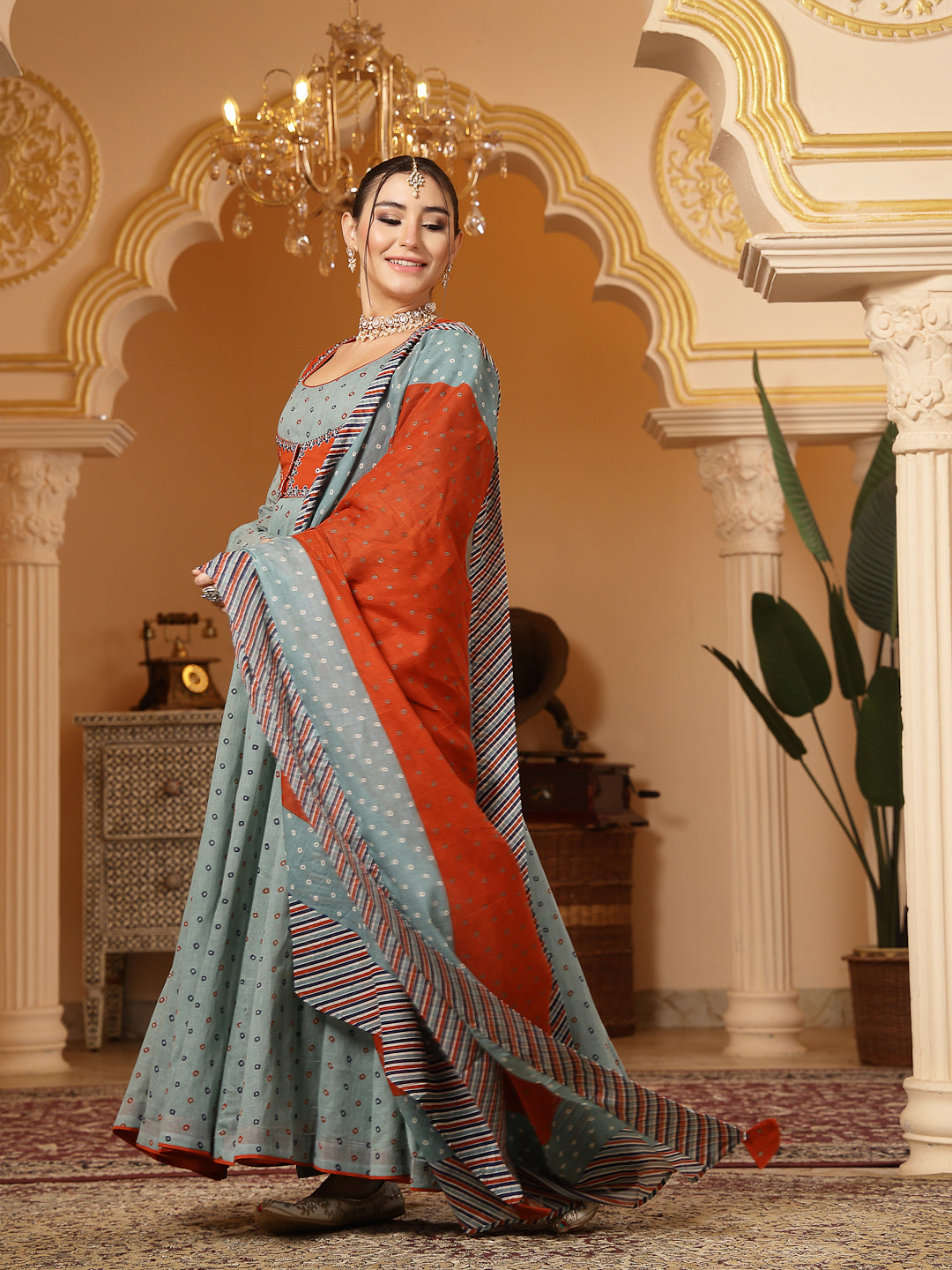Cotton Printed Anarkali Kurta Set With Dupatta