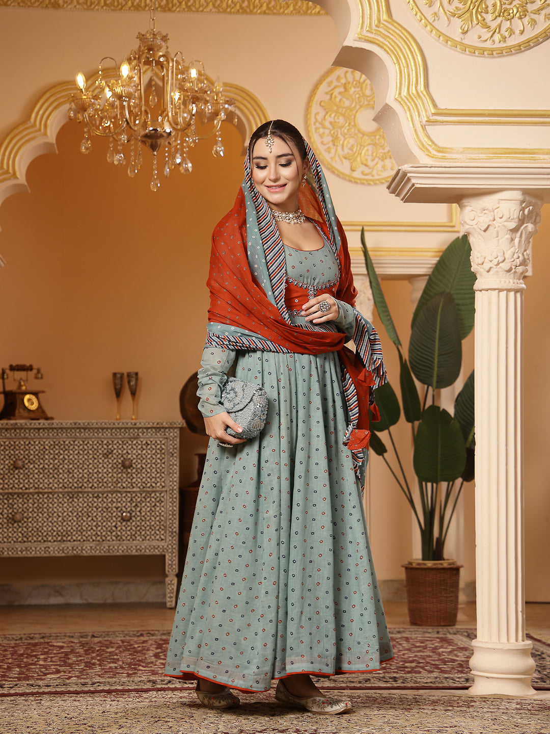 Cotton Printed Anarkali Kurta Set With Dupatta
