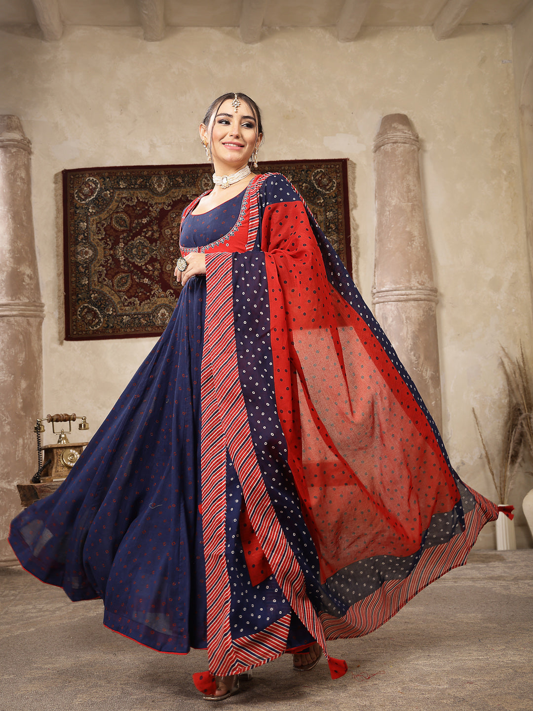 Cotton Printed Anarkali Kurta Set With Dupatta