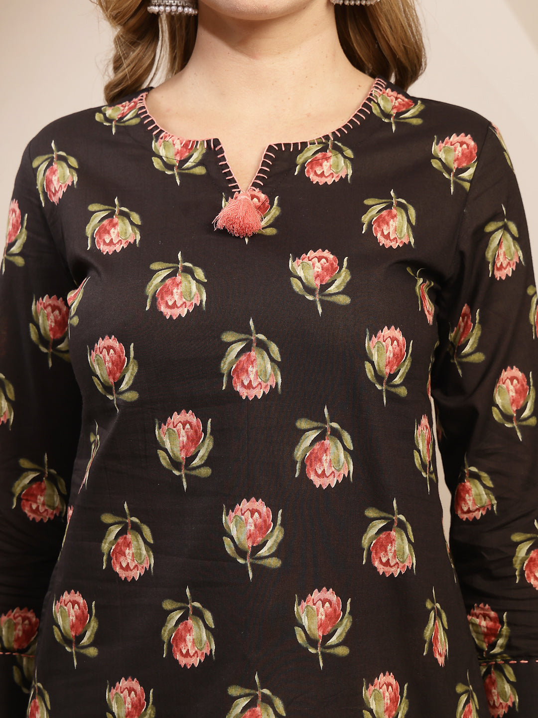 Rayon Hip Length Printed 3/4 Sleeve Round Neck Straight Top