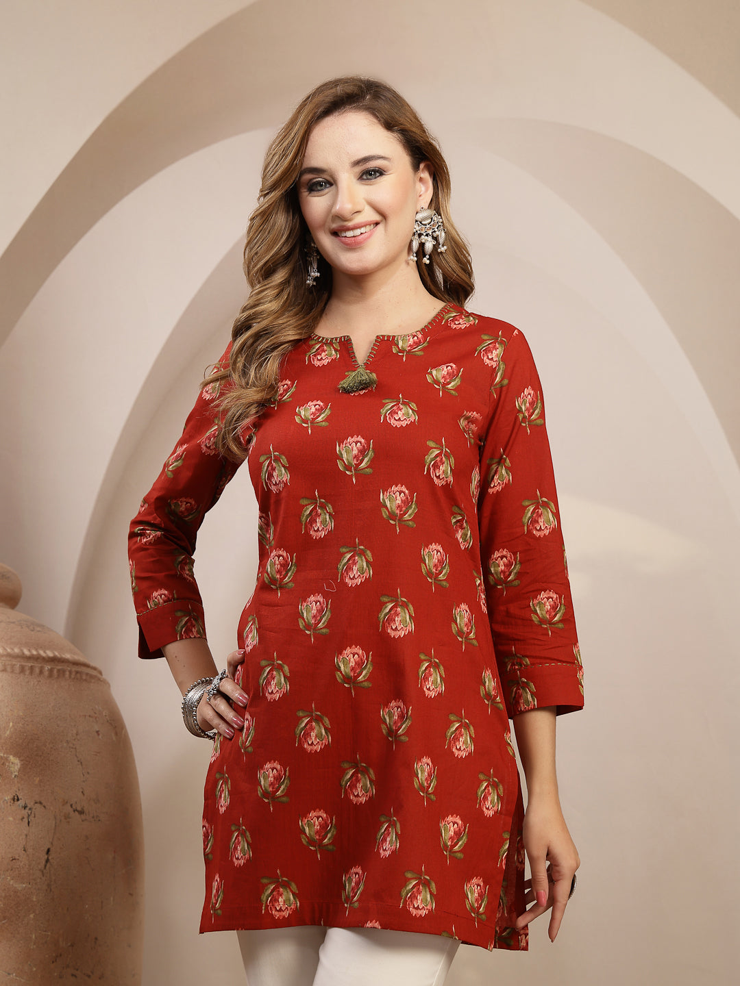 Rayon Hip Length Printed 3/4 Sleeve Round Neck Straight Top