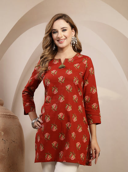 Rayon Hip Length Printed 3/4 Sleeve Round Neck Straight Top