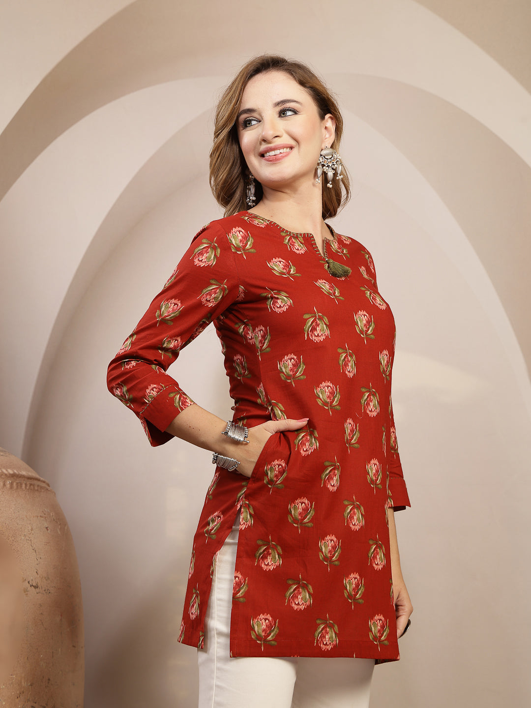 Rayon Hip Length Printed 3/4 Sleeve Round Neck Straight Top