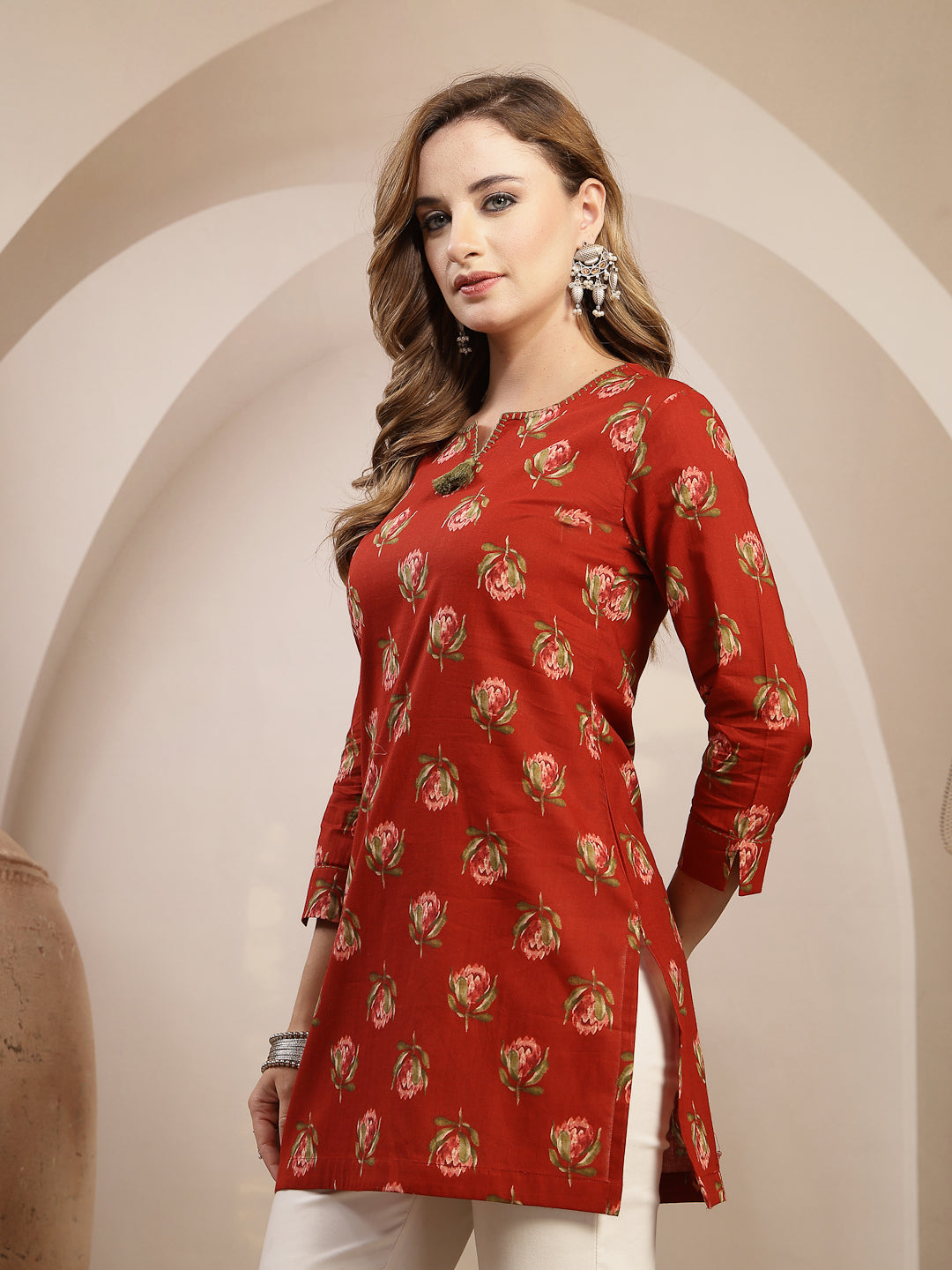 Rayon Hip Length Printed 3/4 Sleeve Round Neck Straight Top