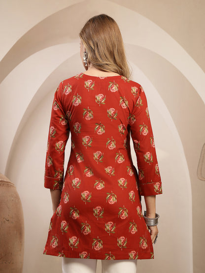 Rayon Hip Length Printed 3/4 Sleeve Round Neck Straight Top