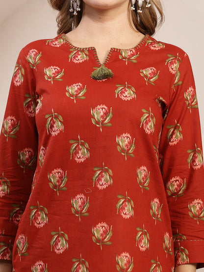 Rayon Hip Length Printed 3/4 Sleeve Round Neck Straight Top