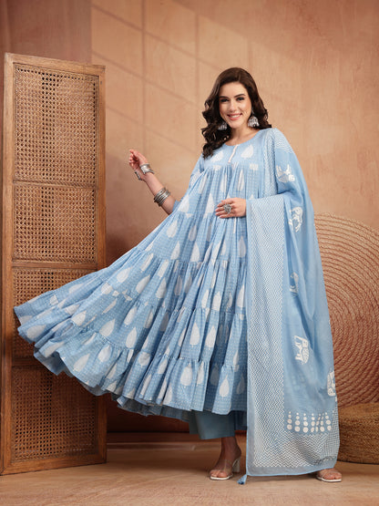 Cotton Calf Length Printed 3/4 Sleeve Round Neck Flared Kurta Suit Set